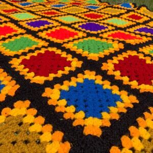 Handmade Vintage Bright Color Block Crochet Granny Square Blanket Throw